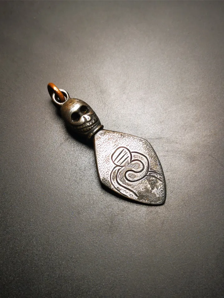 Gandhanra Vintage Skull Sītavana Phurba Amulet,Kila,Kilaka Pendant, Handmade Cold Iron Amulet