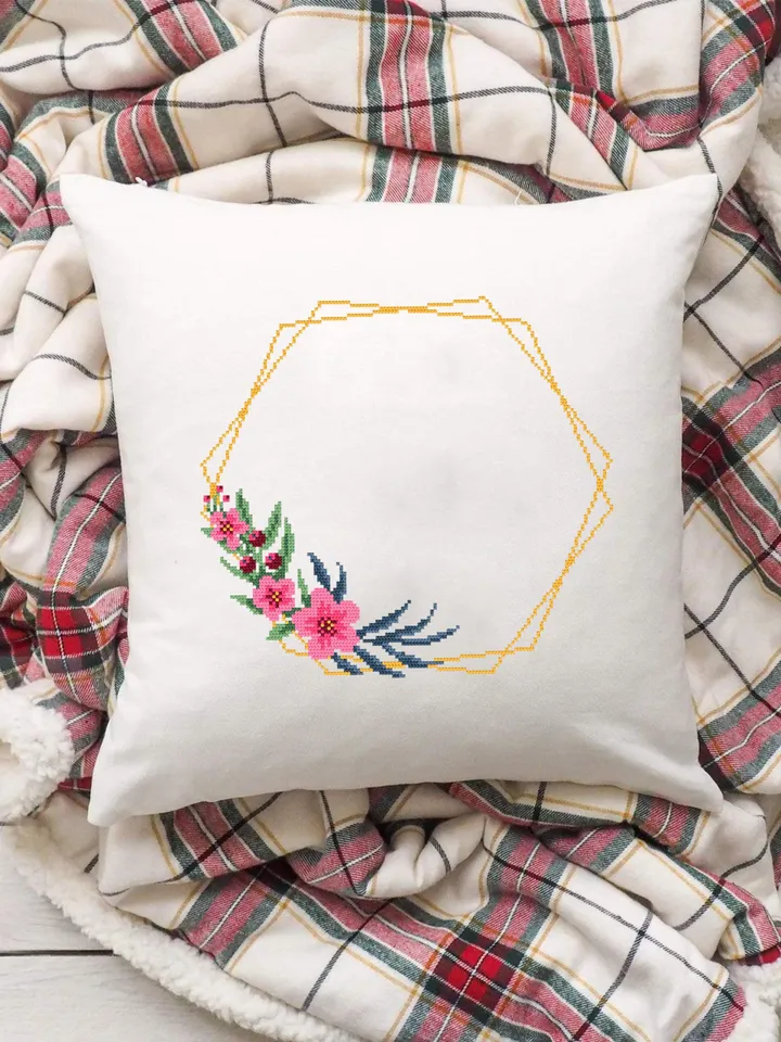 Flower frame cross stitch pattern PDF download Your text here, Simple wreath cross stitch chart, Pentagon frame pattern digital PDF #Y6