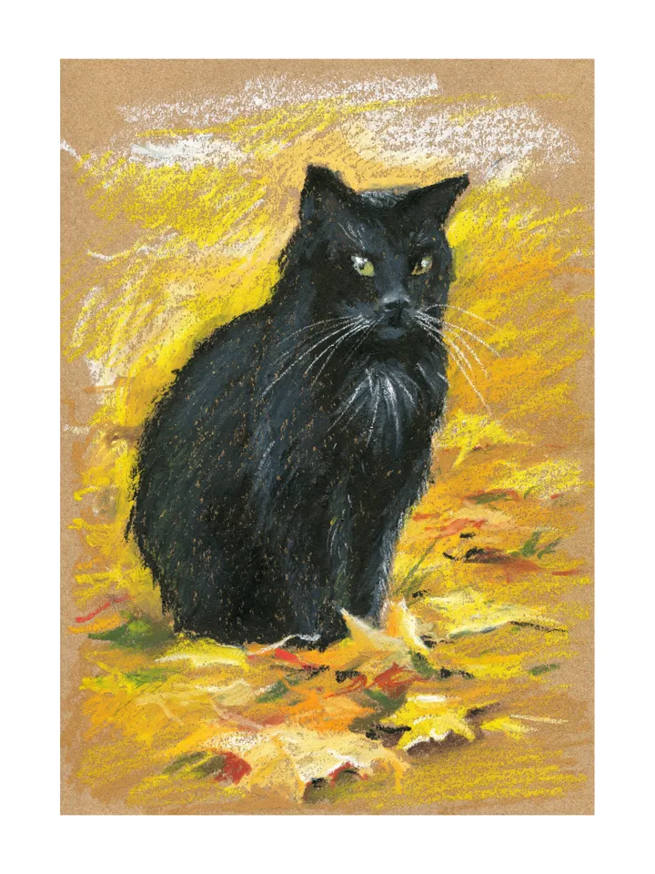 Black Cat in autumn leaves Oil pastel drawing on kraft paper А4