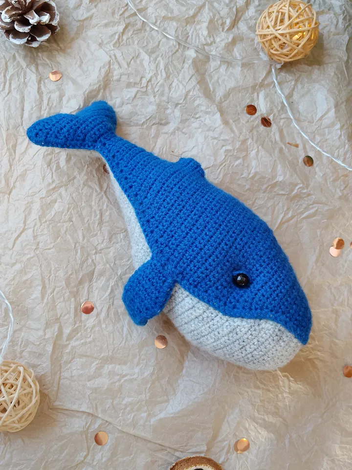 Stuffed blue Whale toy nursery decor for baby. Stuffed animal cotton yarn whale for home decor. Big original whale toy