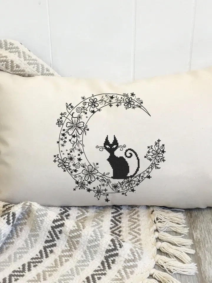 Cat blackwork pattern PDF Crescent moon Backstitch chart, Funny Black cat cross stitch, Flower moon blackwork embroidery download PDF #W4