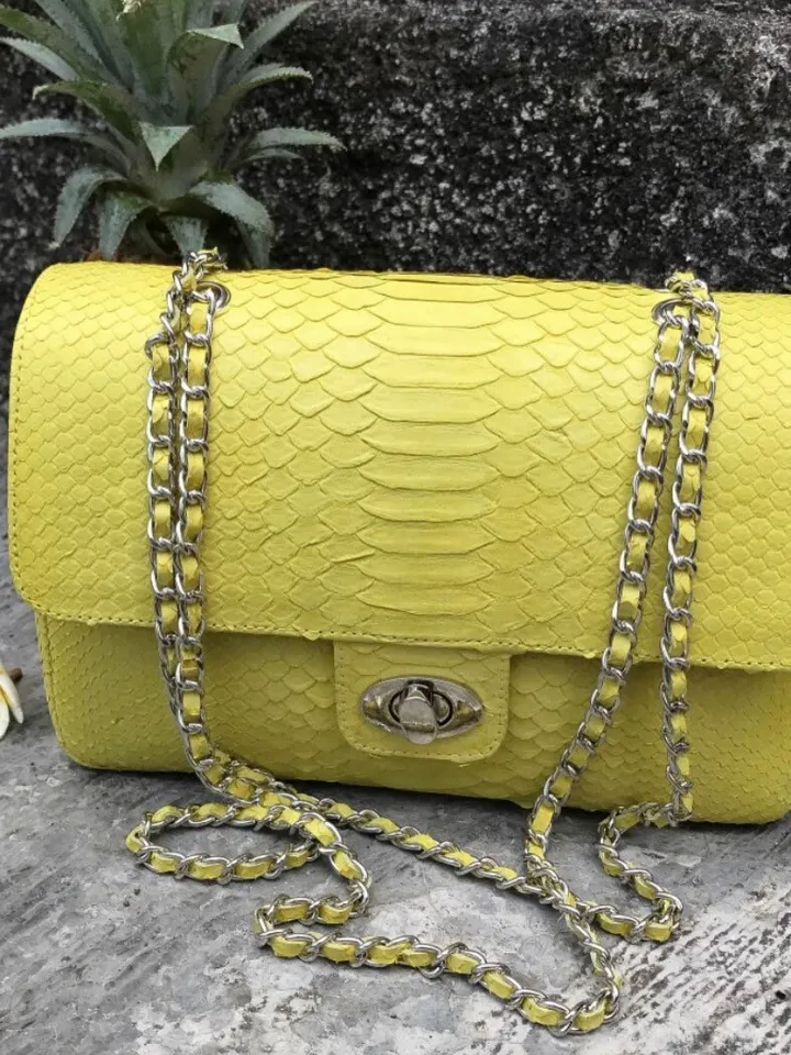 Genuine python skin maxi crossbody yellow bag, summer big chain crossbody, elegant classy crossbody bag genuine leather summer | snakeskin