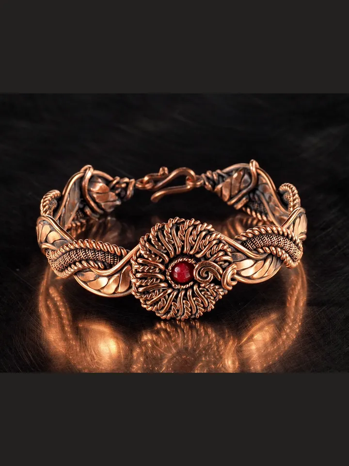 Copper wire wrapped red Agate bracelet for woman, Statement flower jewelry, 7th Anniversary gift for her woman, Unique copper jewelry, Braided Art Nouveau antique style bracelet, Oxidized pure copper, Handmade