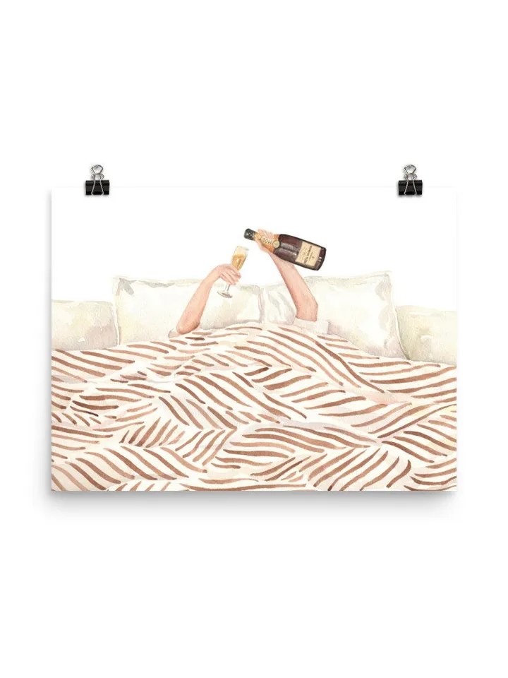 Woman Drinking Champagne In Bed, Watercolor Painting, Girls Bedroom Decor, Vintage Bar Print, Feminist Poster, Girly Wall Art, Alcohol Print