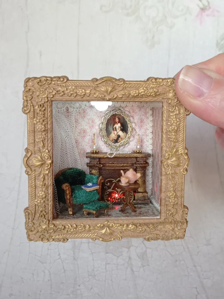 Mini-hall with fireplace, 1/48 scale miniature dollhouse with furniture