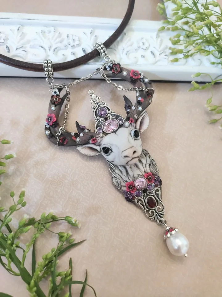 Deer pendant, Deer totem, Pearl pendant, necklace with stones, Ceitic deer amulet