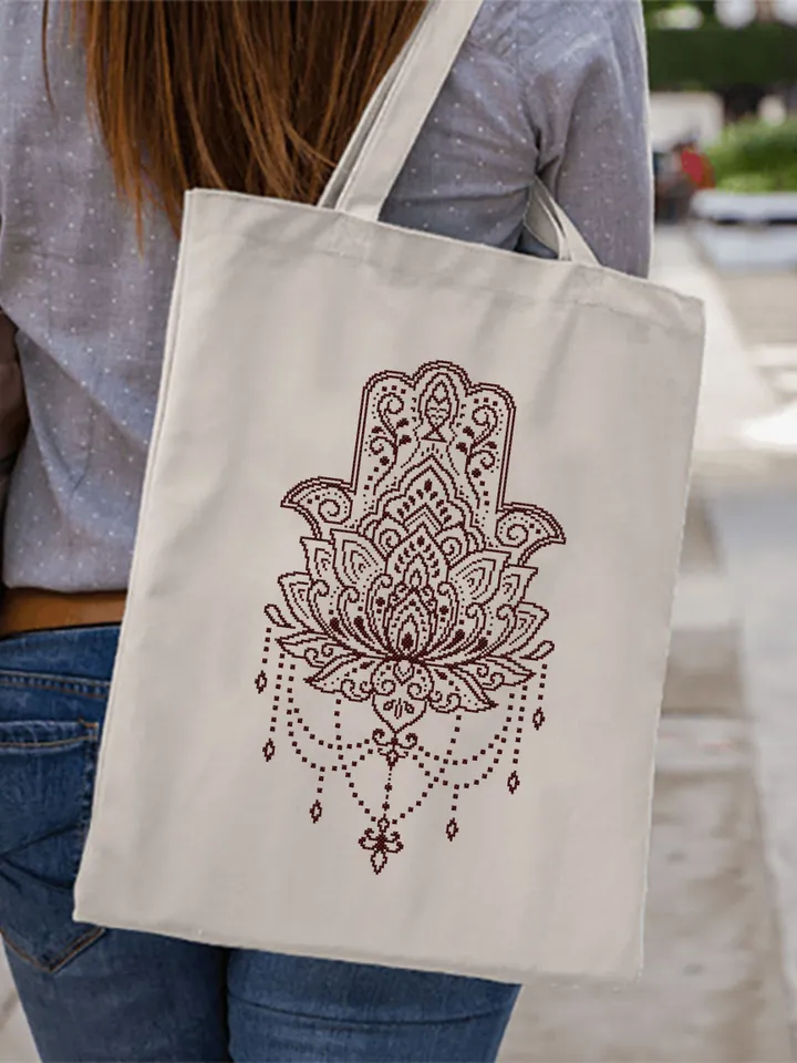 Hamsa hand cross stitch pattern PDF download Lotus mandala cross stitch chart, Hand of Fatima cross stitch, Good luck charm embroidery #M148