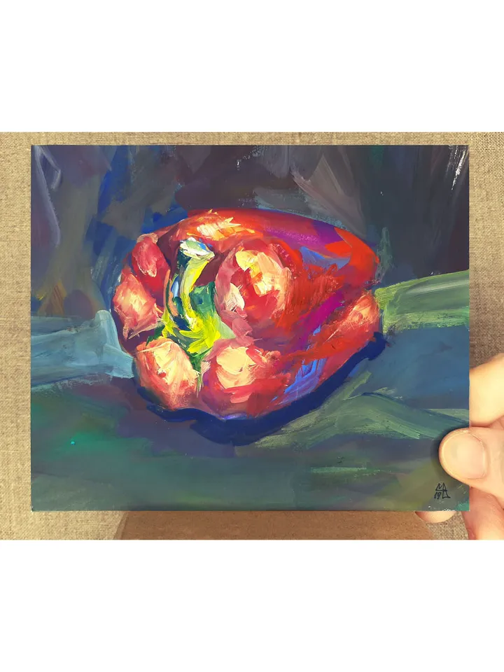 Red Bell Pepper Painting 5x6" ORIGINAL ART Gouache Impressionist Fine Art Signed by artist Marina Chuchko