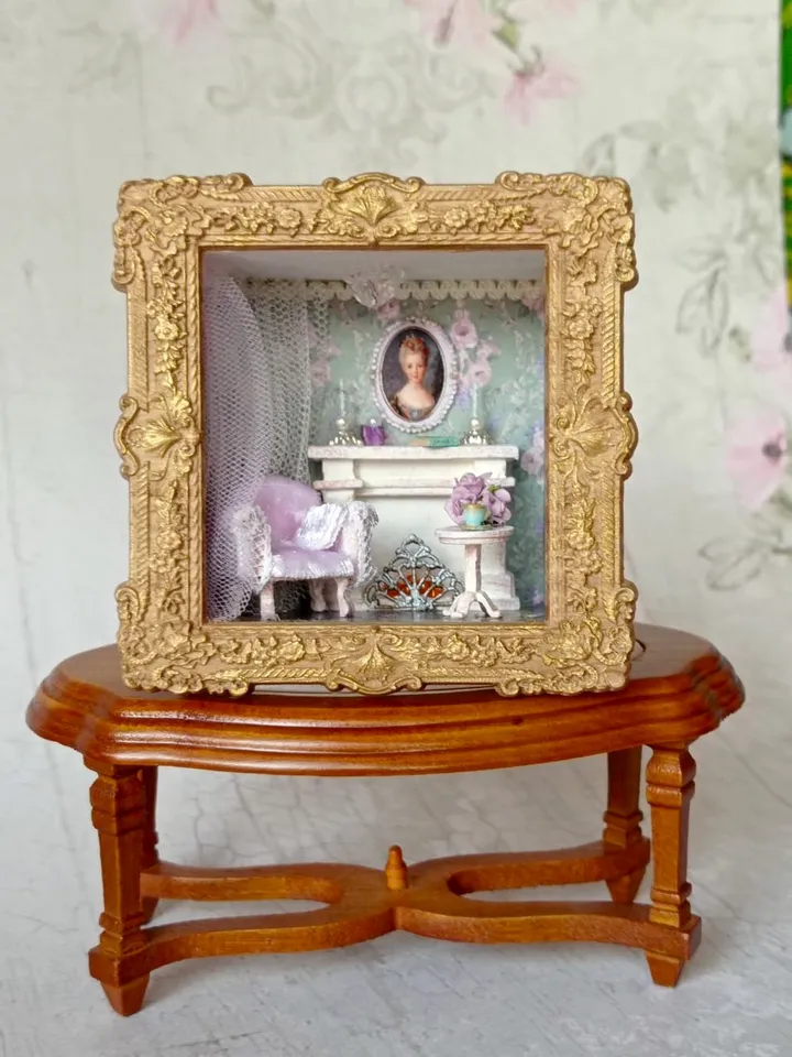 Miniature living room with white fireplace, miniature 1/48 scale dollhouse with furniture