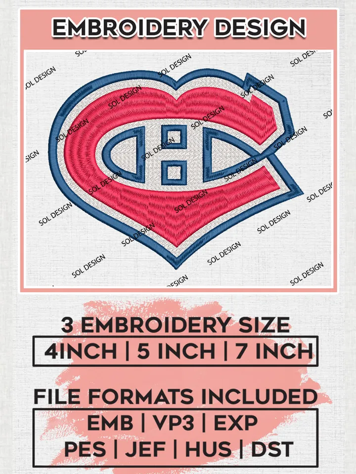 Montreal Canadiens Hockey Team Heart Logo Embroidery Design, NHL Montreal Canadiens Logo Embroidery Files, Hockey Team Machine Embroidery, Machine Embroidery Design