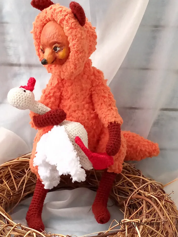 stuffed toy fox 5.9 inches sitting, crocheted cute fox with goose.