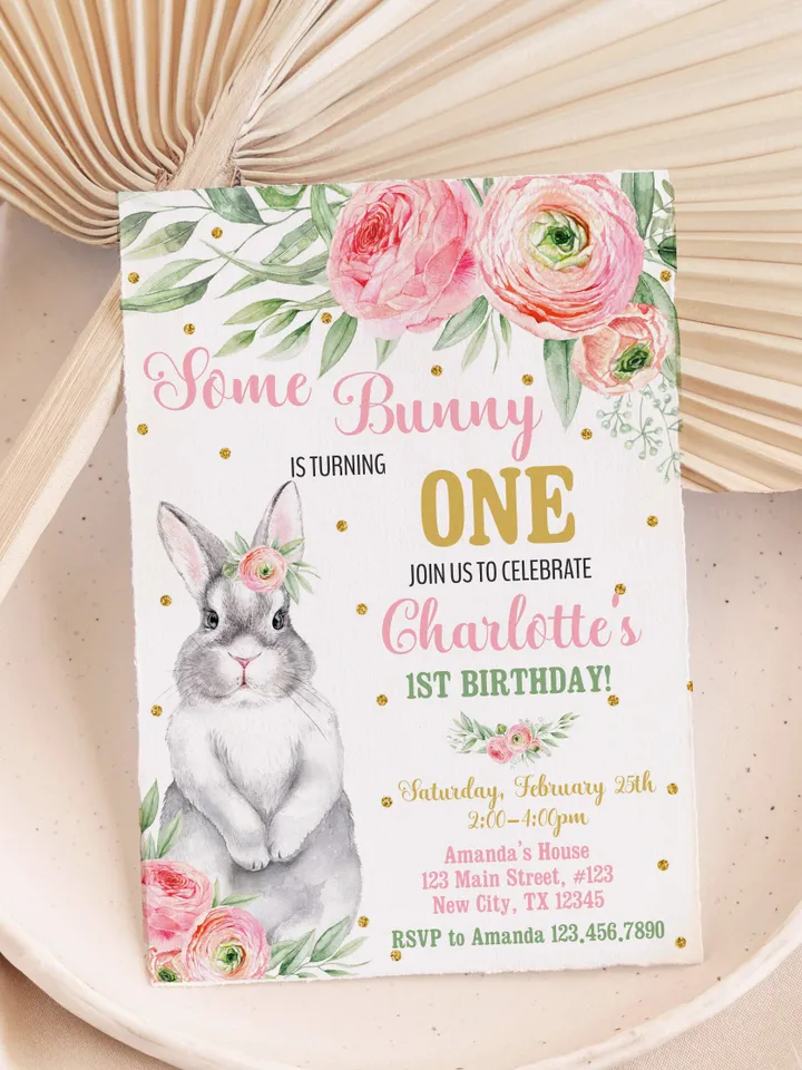 Some Bunny is One Birthday Invitation Girl 1st Birthday Invitation, Bunny Birthday Invitation Instant Download, Editable Template