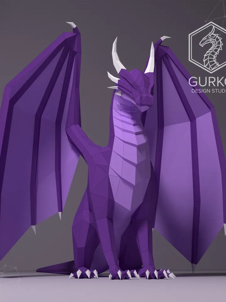 Seated Dragon Papercraft, Digital Template, PDF Download, Gurko, 3D Low Poly, Pepakura, Origami Sculpture, Paper Party Decoration, DIY Gift