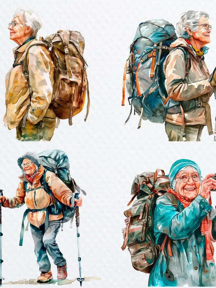 14 Senior Woman Travelling PNG Bundle, Traveller, hiking,  Watercolor clipart, High Quality,  Paper craft, junk journals