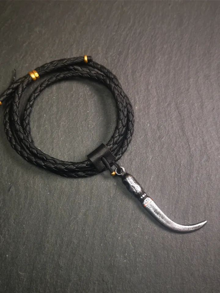Gandhanra Handmade Tibetan Amulet ,Skull Wolf Tooth Pendant with Leather Cord,Made of Cold Iron inlaid Copper,2.16&quot;