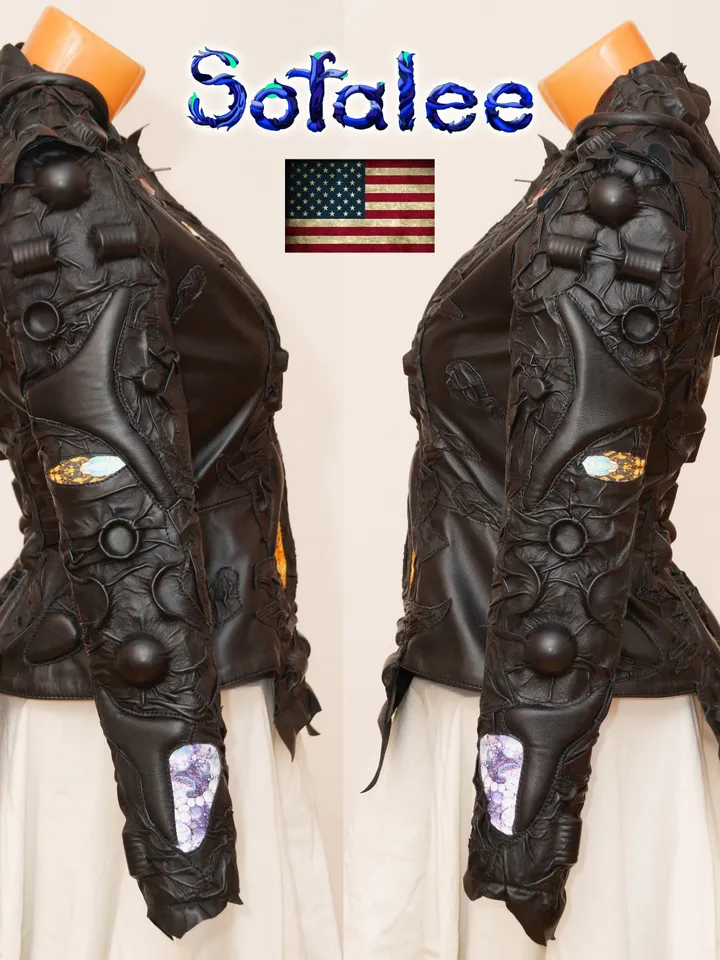 Women's short handmade jacket of genuine leather black color cyberpunk style. Cosmic futuristic design leather clothes