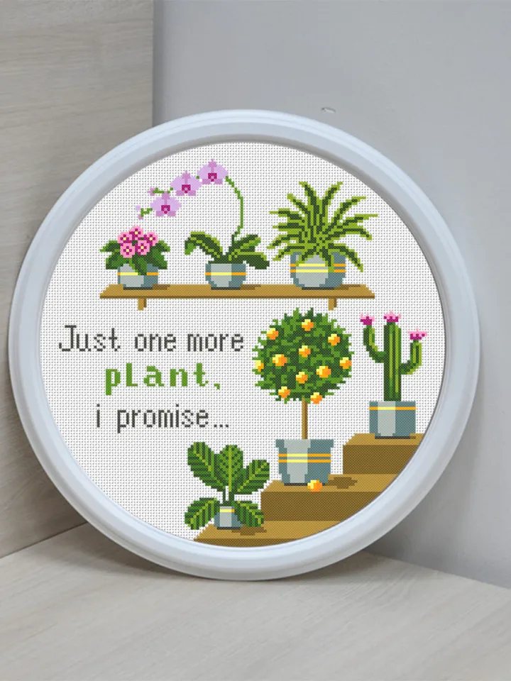 Potted plants cross stitch pattern download PDF, Just one more plant quote cross stitch, House plant hand embroidery PDF, Garden stitch #P30