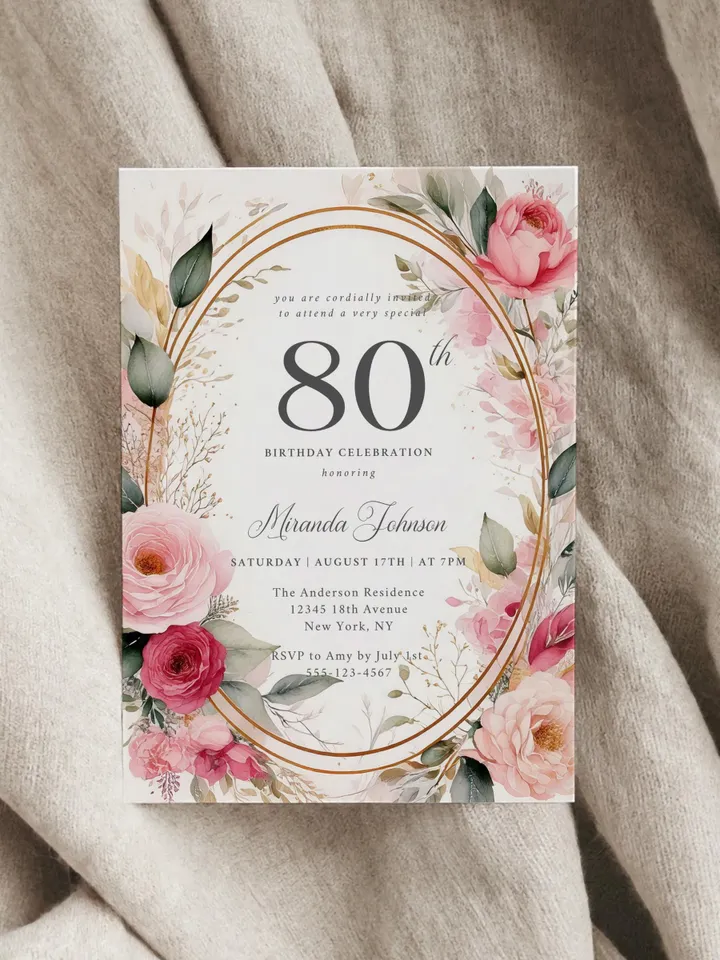80th Birthday Invitation for Women – Blush Pink & Gold Floral, Elegant Printable Party Invite for Grandma or Mom, Digital Canva Template