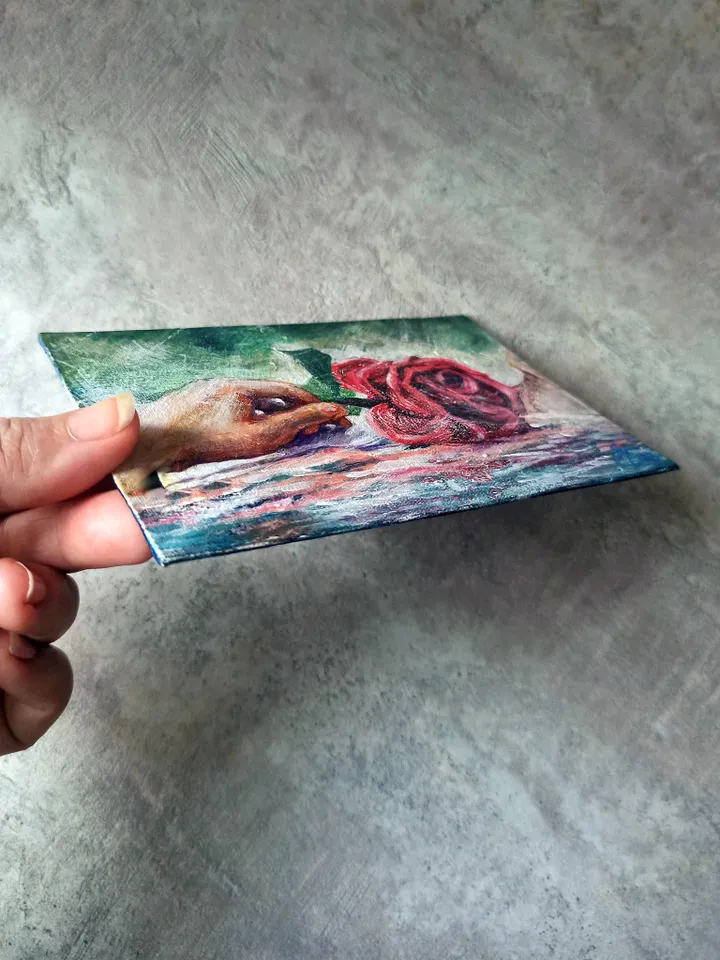 Miniature painting with a red rose in water, Relaxation, Original acrylic painting on cardboard with canvas 10x15cm