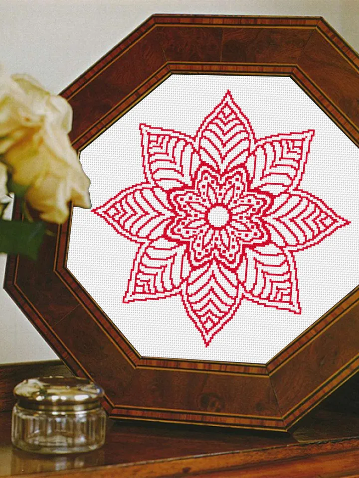 Mandala cross stitch pattern download PDF, Flower mandala pattern PDF, Floral ornament cross stitch chart, Monochrome hand embroidery #M182