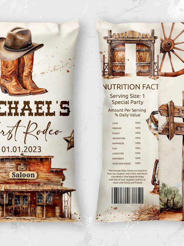 Editable Chips Label First Rodeo Birthday party label; Wild West Cowboy Party;  Our Little Cowboy is One Party Birthday ; fr12