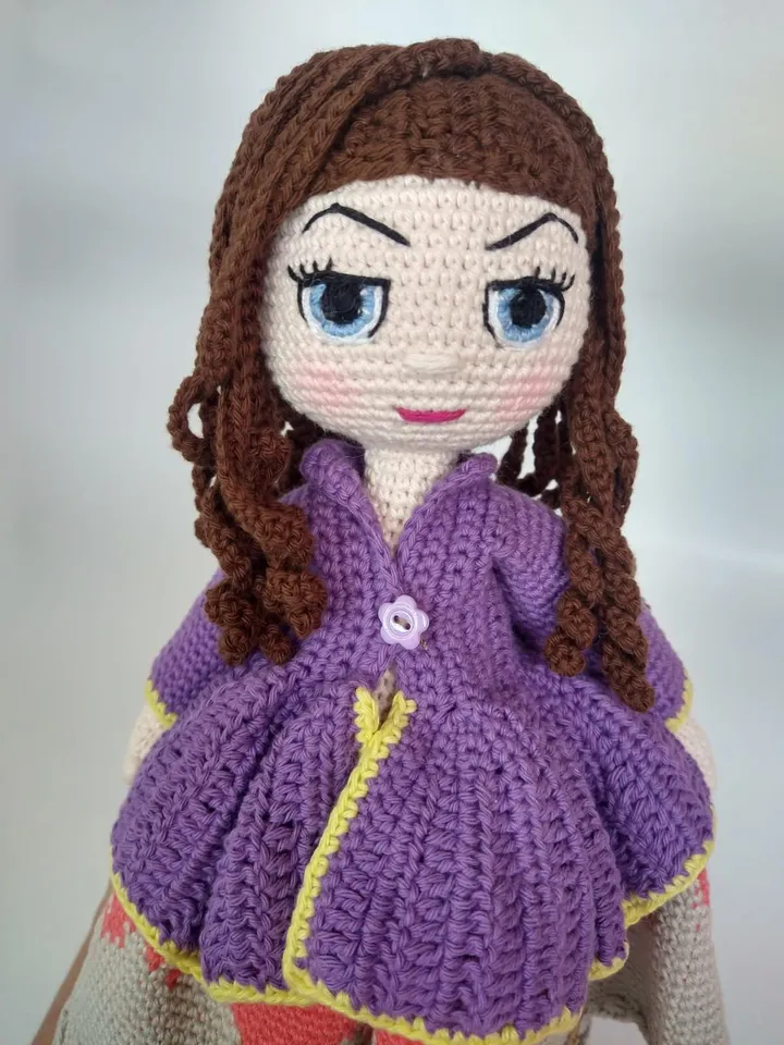 Amigurumi Doll 34 cm – Hand Embroidered Face – Handmade Crochet Doll with Tapestry Dress – Unique Collectible Gift – By Marcella