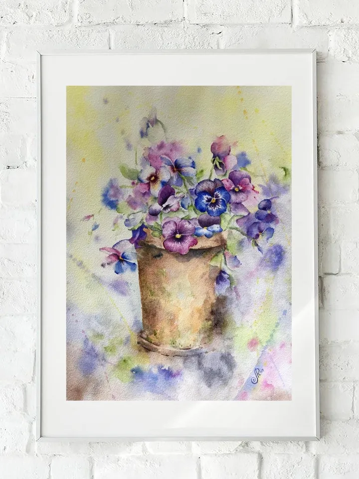 Pansies Painting Original Flowers Wall Art Floral Watercolor Pansies Art