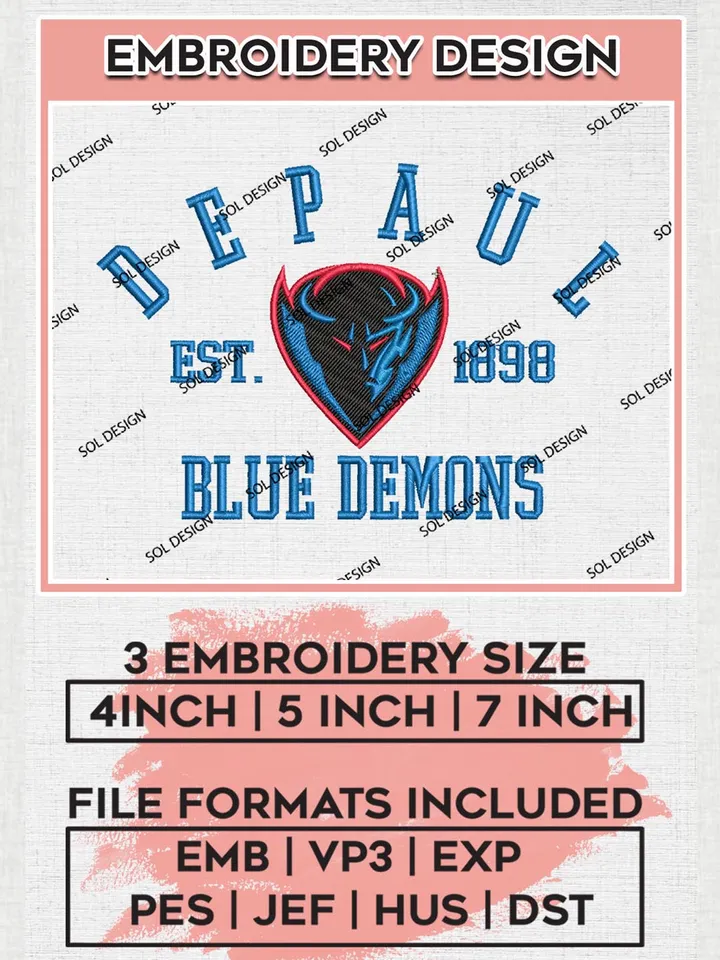 DePaul Blue Demons Est 1898 Logo Embroidery Designs, NCAA DePaul Blue Demons Team Embroidery, NCAA Team Logo, 3 sizes, Machine embroidery Files, Digital Download