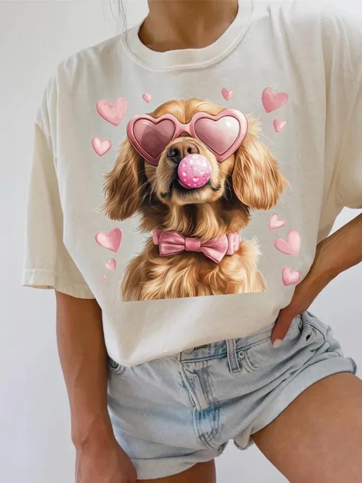 Valentine Dog Lovers png, Golden with heart-shaped glasses, Valentine png, Preppy valentine png, Watercolor Dog Coquette png, Dog Mom png