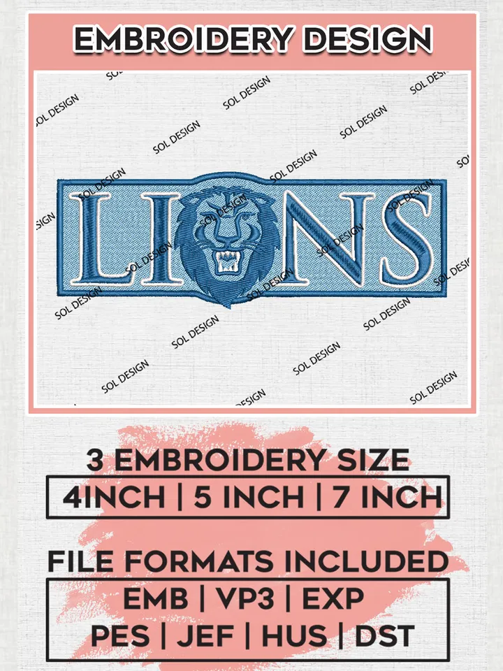 NCAA Lions Team Mascot Logo Embroidery Design Files, NCAA Columbia Lions Machine Embroidery, NCAA Teams, 3 sizes, NCAA Machine embroidery designs, Digital Download