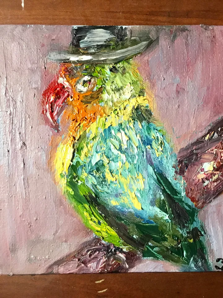 Couple of love birds diptych, parrots painting ,original oil impasto painting, small gift, wedding gift,exotic colourful birds painting.