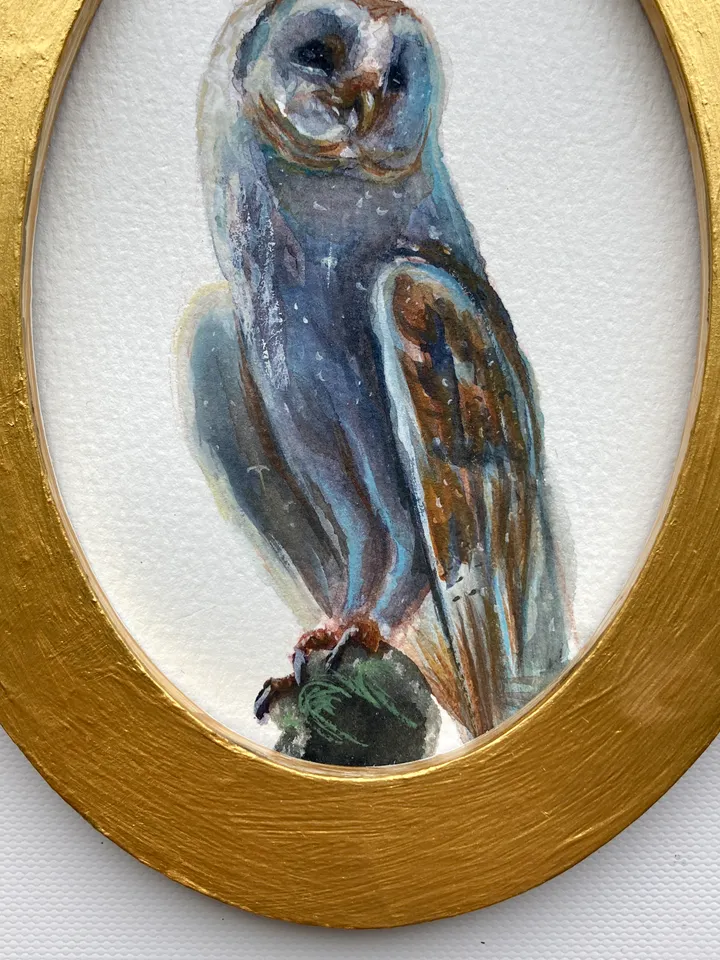 Owl Watercolor Painting Original In Oval Gold Frame Small Framed Bird Art Barn Owl