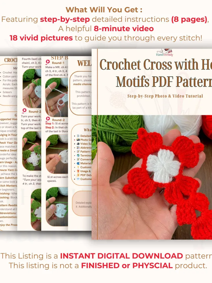 Crochet Cross with Heart Motifs PDF Pattern, Handmade Religious Decor Design, DIY Faith-Inspired Crochet Gift