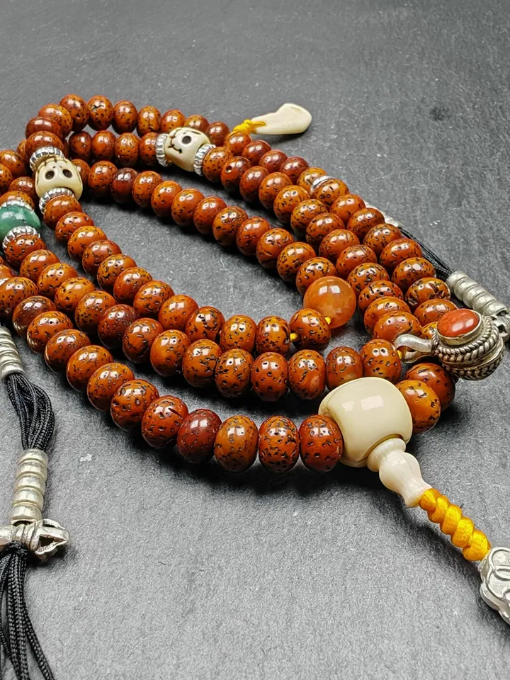 Gandhanra Authentic Tibetan Rosary, Old 7.8mm 108 Lotus Seed Mala Necklace - Handcrafted Tibetan Prayer Beads with Unique Mix of Treasures
