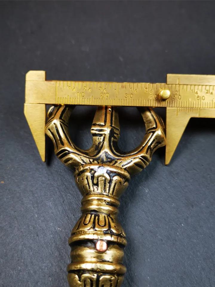 Gandhanra Unique Flat Three-pronged Vajra Dorje,Tibetan Buddhism (Vajrayana) Ritual Implement,Made of Brass,30 Years Old