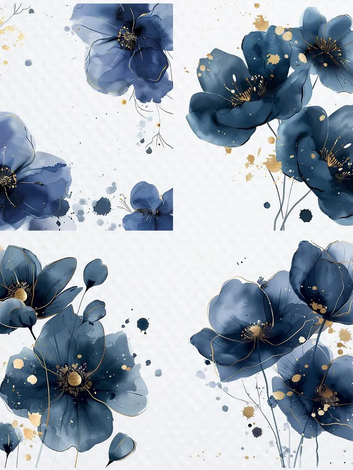 18 Abstract Blue Flowers PNG Bundle, Alcohol Ink Flowers Print Printable Watercolor clipart for sublimation, digital crafting, junk journals