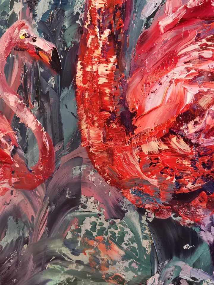 Flamingo Pink Birds Abstract Love Art Original Oil Painting Artist Svinar Oksana