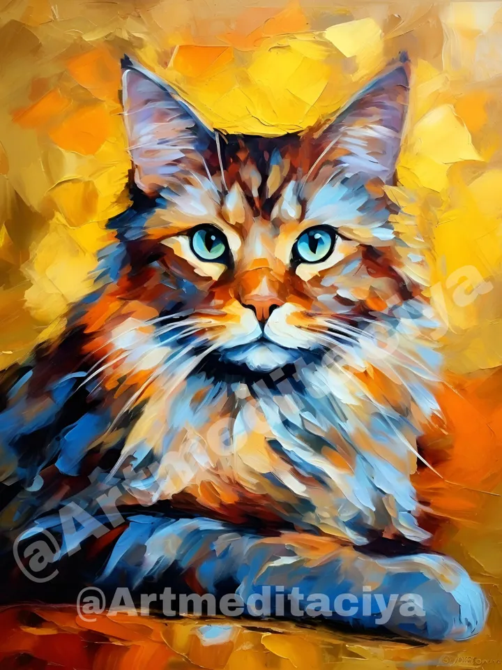Digital abstract textural modern painting "Fluffy gray-red cat with turquoise eyes" on an abstract orange-yellow background in the style of pasty oil painting with a palette knife, impasto