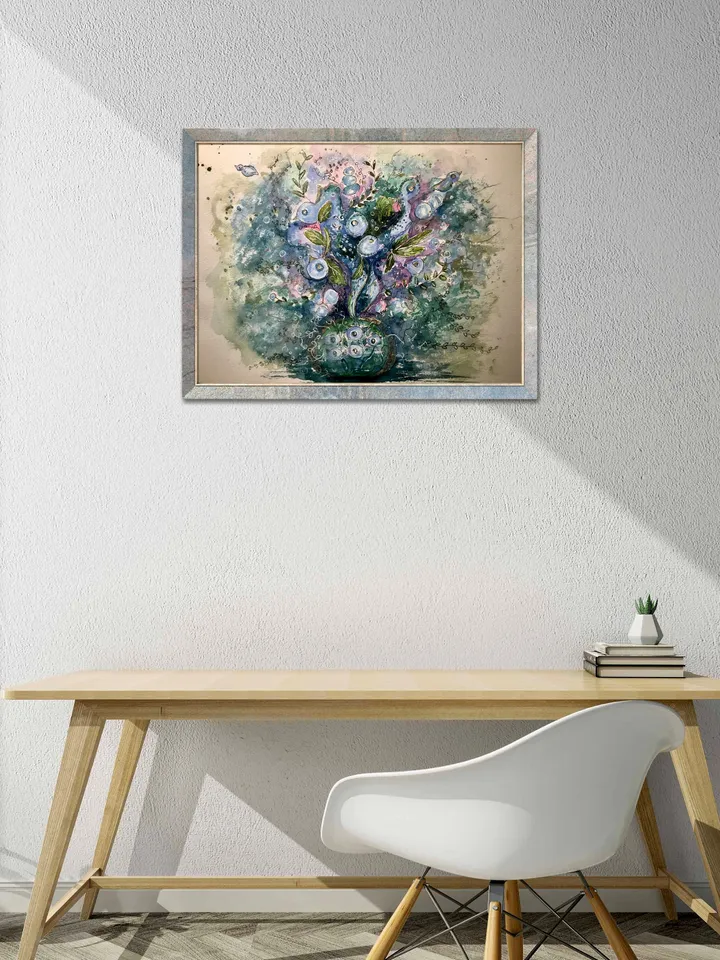 Floral fantasy original watercolor painting on paper, unique handmade artwork, wall art, home decor, blue green pink abstract fantasy art.