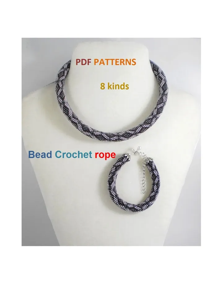 Bead crochet rope patterns «Chain» necklace and bracelet, 8 kinds, Instant Download, Pdf fail