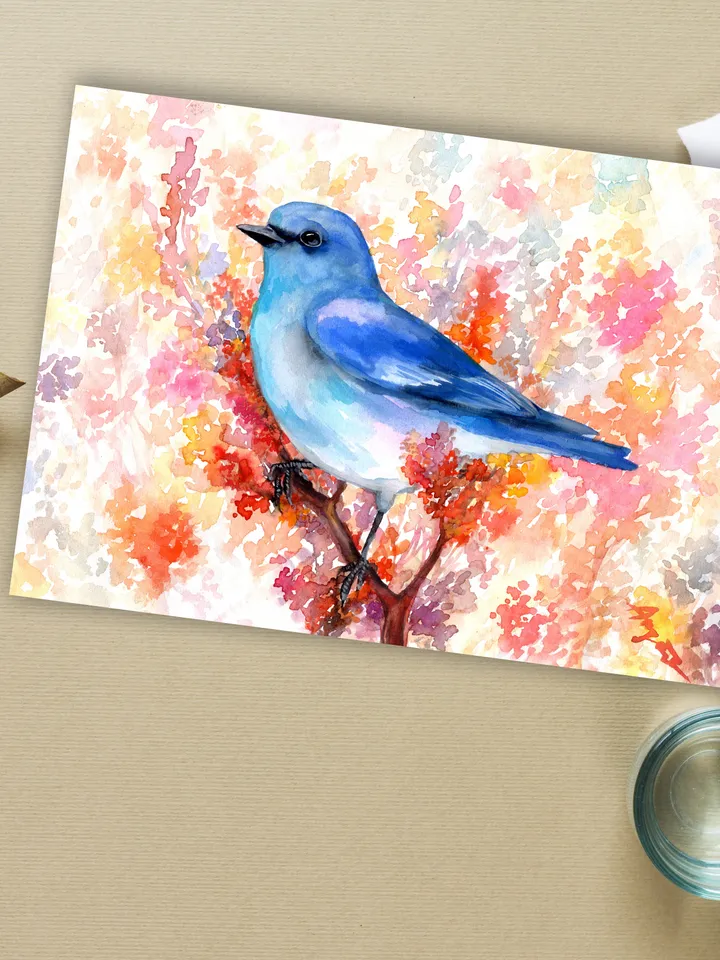 The Indigo Oatmeal Cardinal original watercolor, bird on the branch painting, blue bird portrait room decor, 8x11 in wall art for bird lovers handmade by Anne Gorywine