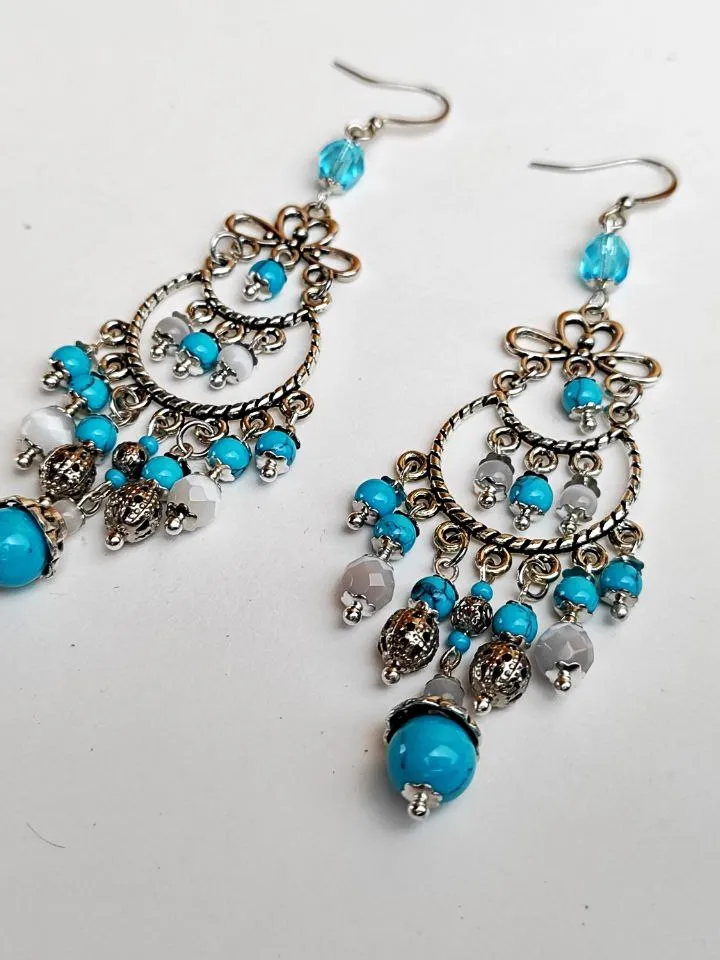 Blue beaded earrings ethnic chandelier dangle earrings
