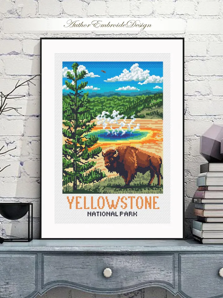 Yellowstone national park cross stitch pattern PDF download Buffalo cross stitch chart, Nature landscape pattern digital Travel poster #L100