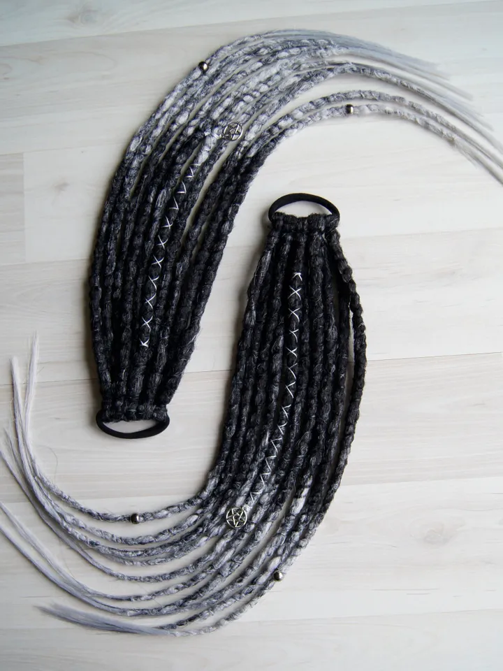 Dreads on hair tie Ponytail Black to Gray Synthetic Dreadlock Extensions Witch Goth hair Locks on elastic band