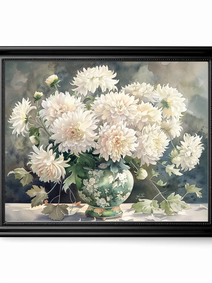 Bouquet of white chrysanthemum in a vase watercolor drawing, digital illustration, digital painting , wall art decoration. AI