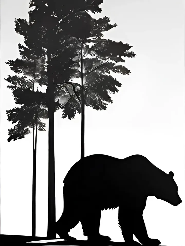 Monochrome print with an elegant bear silhouette in profile
