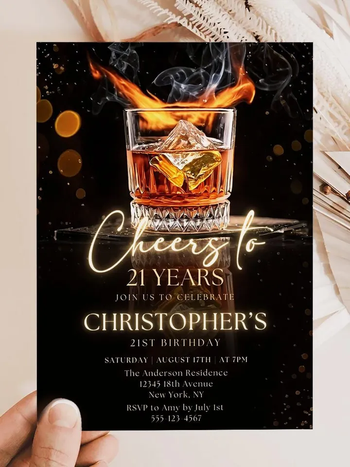 Whiskey Birthday Invitation, Surprise Party Adult, Cheers to 21 years, Cognac Scotch Liquor, Canva Editable Adult Men Birthday Invite