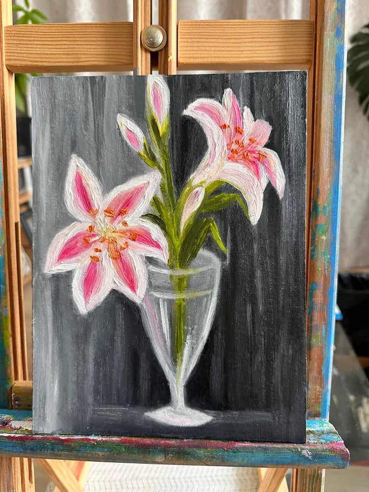 Oil Painting Pink Lilies in a Glass Vase Bouquet of Lilies Flowers Floral Still Life Nature Plants Wall Decor 9x7 inches 24x18 cm Cardboard