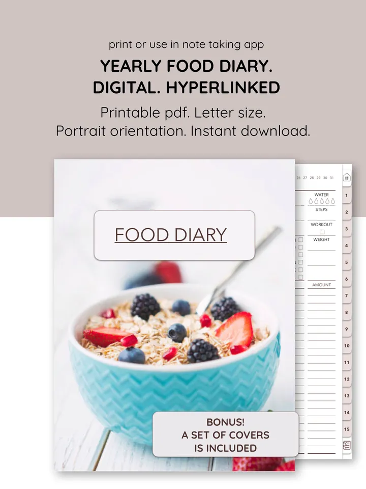 Food diary. Yearly Nutrition Plan. Meal planning. Diet Diary for Weight Loss. Fitness Nutrition log,Food allergy journal
