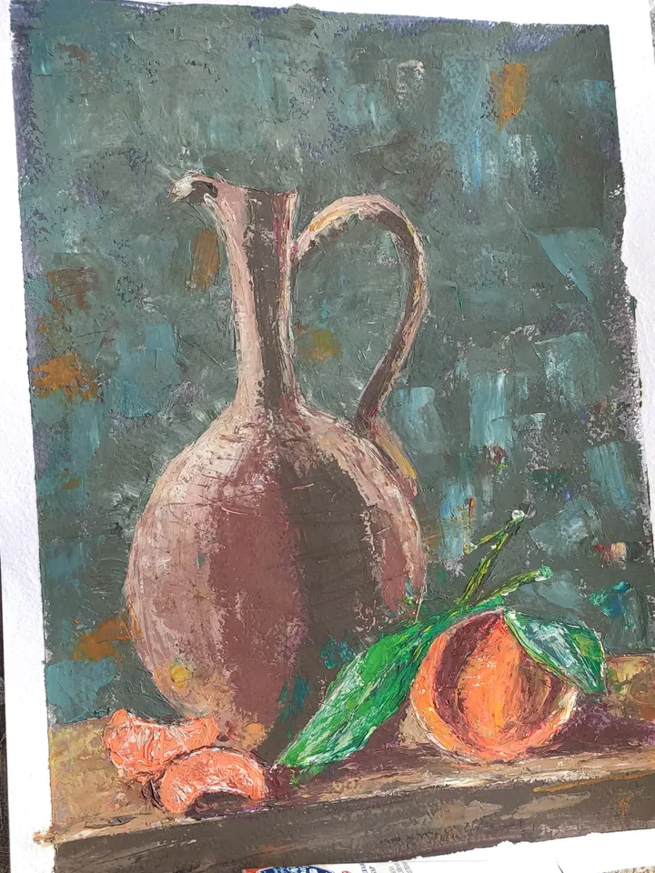 Jug with tangerines still life oil oil paper palette knife